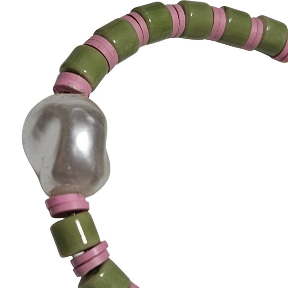 Retro Beaded Stretch Bracelet  Silver Tone Chunky Accent 70s Fashion Pink Green - Picture 2 of 3